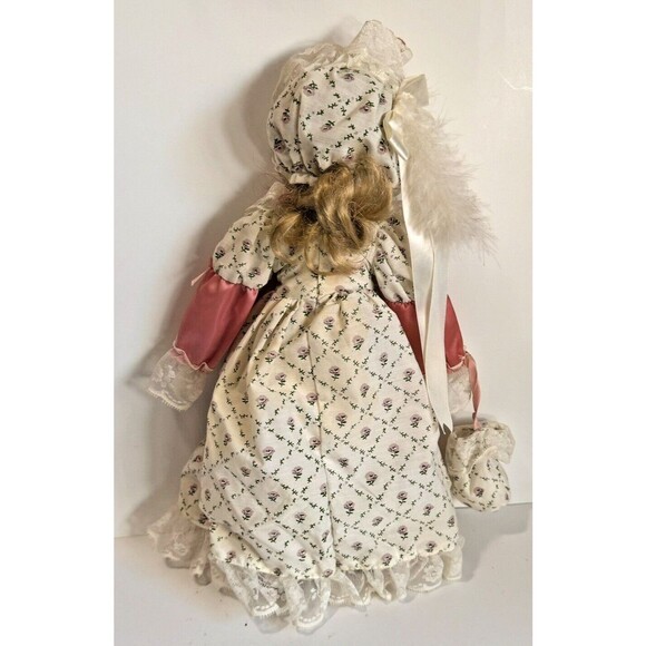 16" Porcelain Doll Blonde Hair Blue Eyes Period Dress with Hat & Bag Collectible - Picture 7 of 9